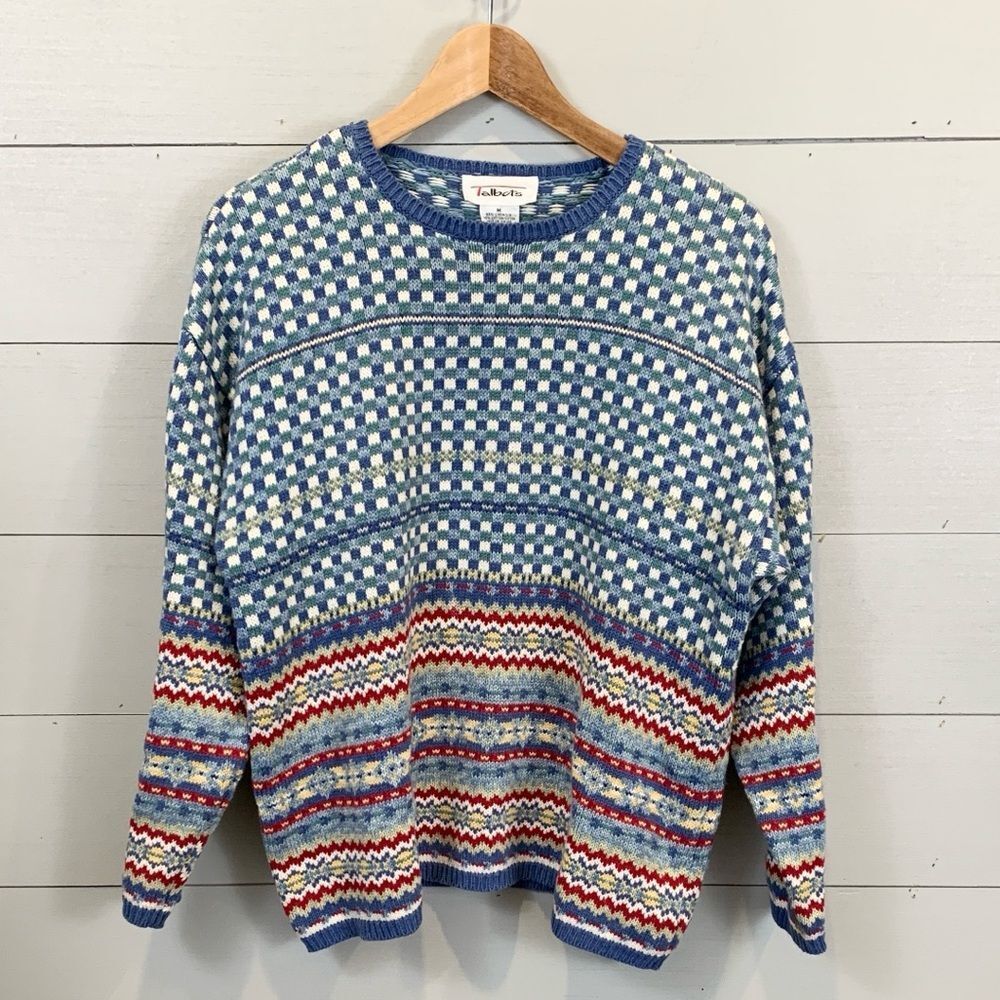 Talbots Blue and Red Patterned Crew Neck Sweater